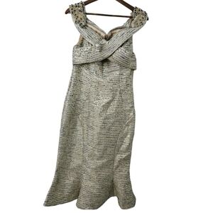 Parker 108 Gold & Navy midi V Neck dress with embellishments sz 6